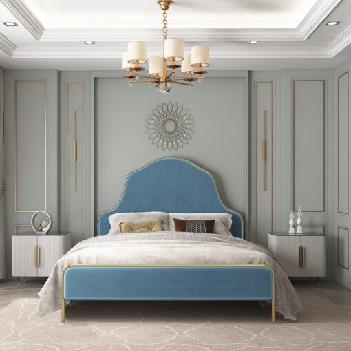 King Bed in Light Blue Velvet Hotel Bedroom Furniture